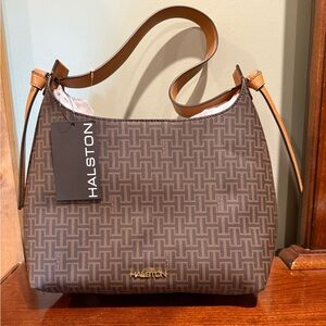 HALSTON NWT Heidi Signature Logo‎ Heritage Geometric Brown Shoulder Bag Purse